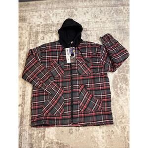Tru-Fit Hooded Zip Front Jacket Coat Shacket Flannel Shirt Red Gray Plaid XL NWT